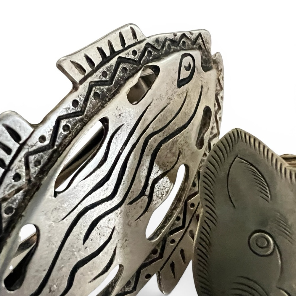 Vintage Hair Clips Lot Of 3 Barrette Etched Metal Cat FIsh Celestial folk art - Picture 3 of 13